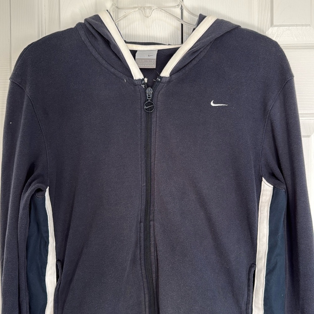 Nike Women's Dk.Blue/White Hooded Full Zip Athletic Jacket - Size L (12-14)